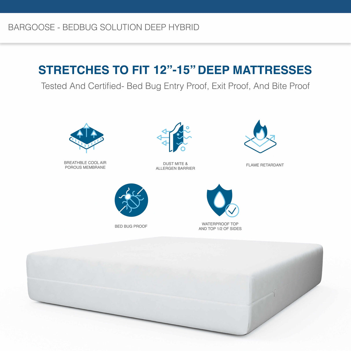 Bargoose BedBug Solution™ Deep Hybrid Zippered Mattress Encasing - Stretches To Fit 12"- 16" Mattresses