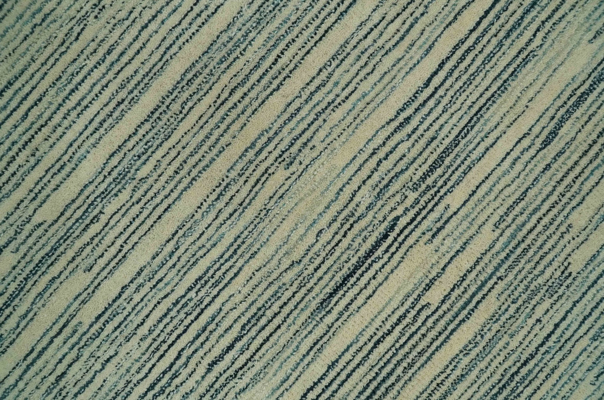 Beige and Teal Modern stripes Design Hand Tufted Multi Size wool area rug