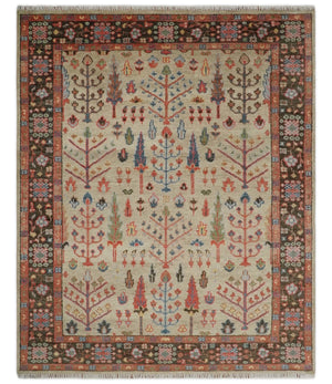 Beige, Brown and Rust Tree of Life Hand Knotted Traditional Multi Size Wool Rug