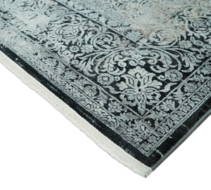 Black, Beige and Silver Antique Finish, Vintage look, Art Silk Area Rug, Living Room Rug