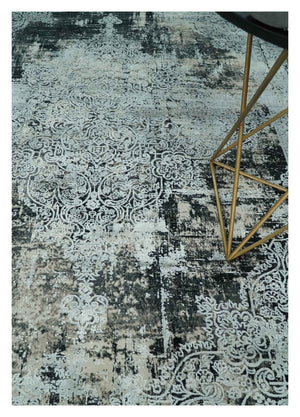 Black, Beige and Silver Antique Finish, Vintage look, Art Silk Area Rug, Living Room Rug