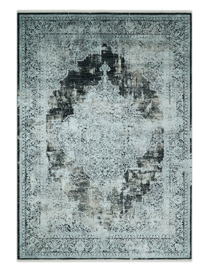Black, Beige and Silver Antique Finish, Vintage look, Art Silk Area Rug, Living Room Rug