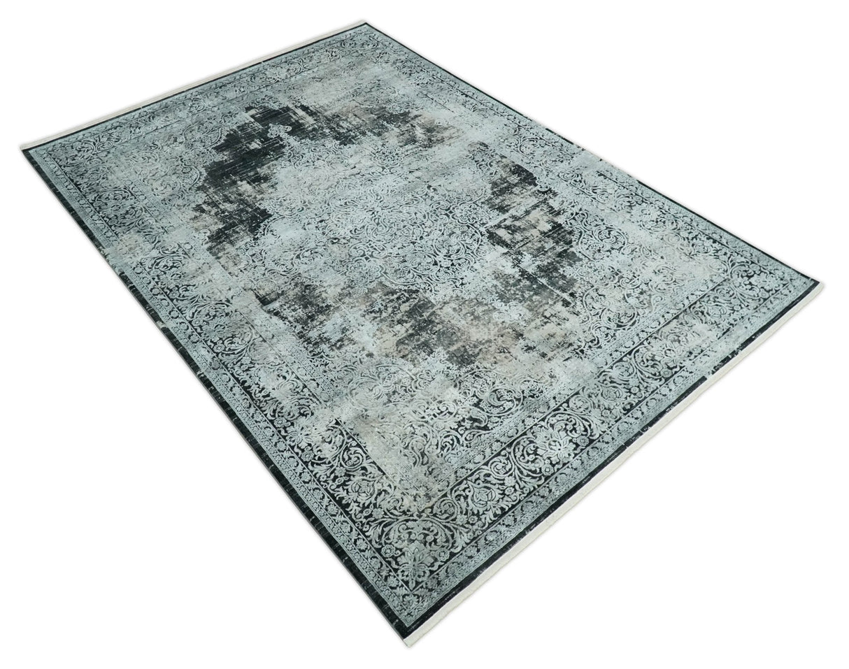 Black, Beige and Silver Antique Finish, Vintage look, Art Silk Area Rug, Living Room Rug