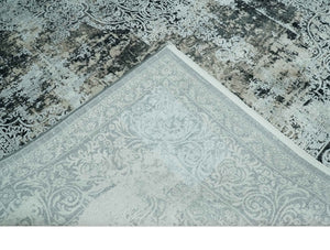 Black, Beige and Silver Antique Finish, Vintage look, Art Silk Area Rug, Living Room Rug