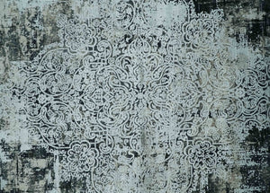 Black, Beige and Silver Antique Finish, Vintage look, Art Silk Area Rug, Living Room Rug