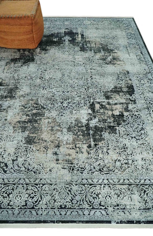 Black, Beige and Silver Antique Finish, Vintage look, Art Silk Area Rug, Living Room Rug