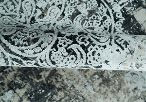 Black, Beige and Silver Antique Finish, Vintage look, Art Silk Area Rug, Living Room Rug