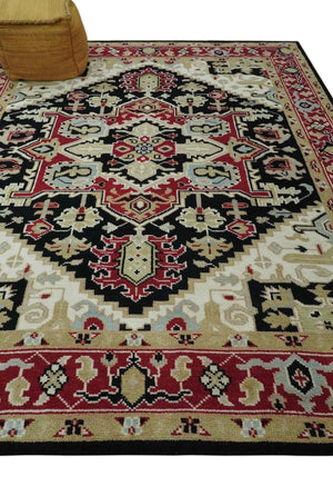 Black, Ivory, Olive and Brown Hand knotted Traditional Heriz Medallion Multi Size Wool Area Rug