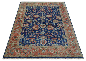 Blue and Rust Turkish Design Traditional Serapi Hand Knotted Wool Area Rug