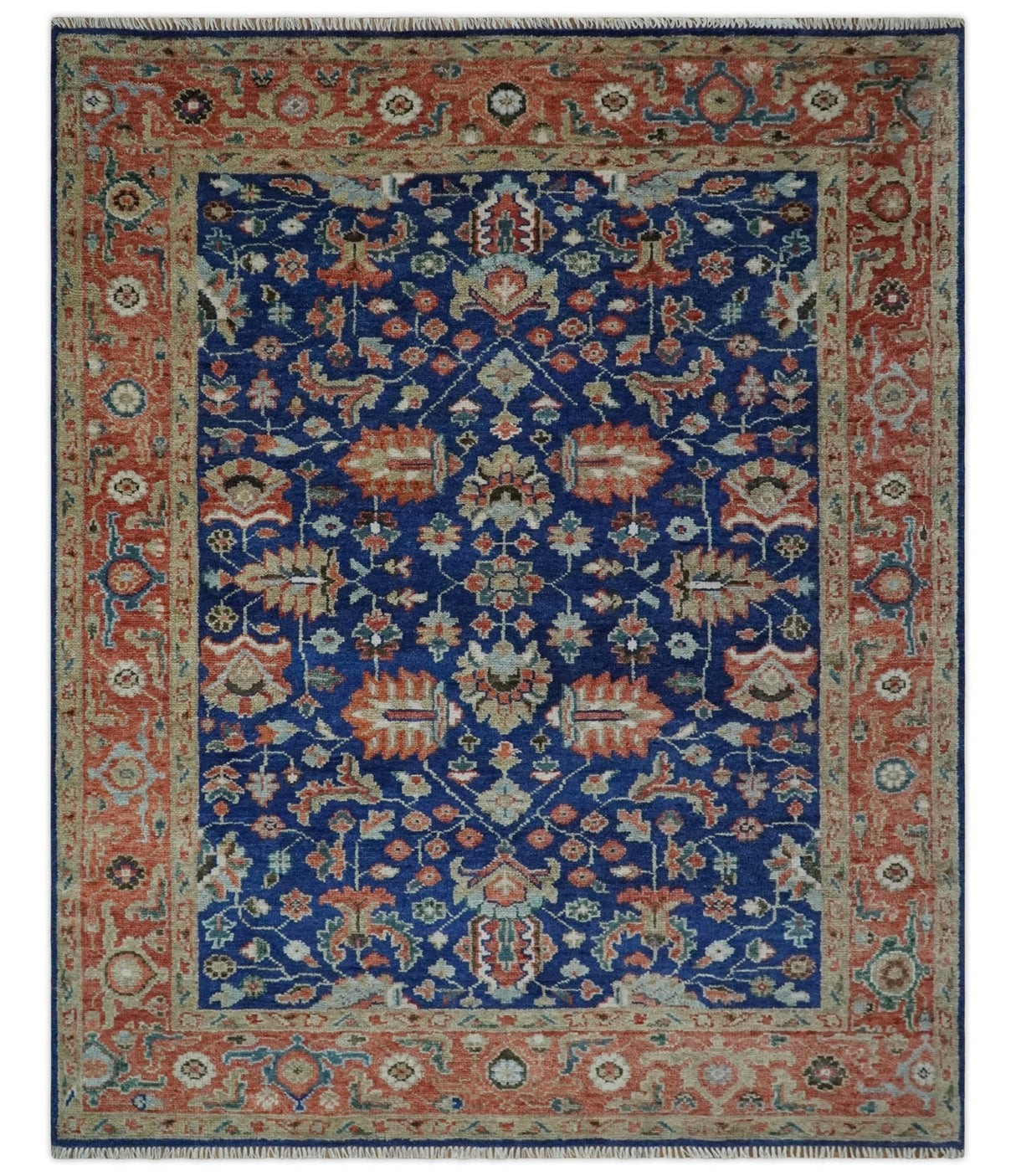 Blue and Rust Turkish Design Traditional Serapi Hand Knotted Wool Area Rug