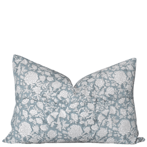 Chloe Floral Block Printed Pillow Cover | Blue | Lumbar