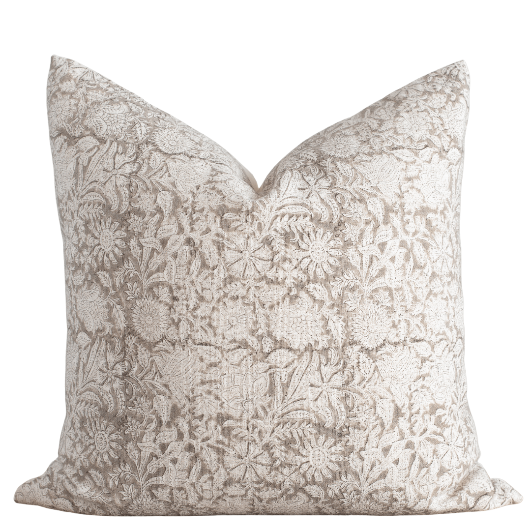 Sienna Floral Block Printed Pillow Cover | Light Brown