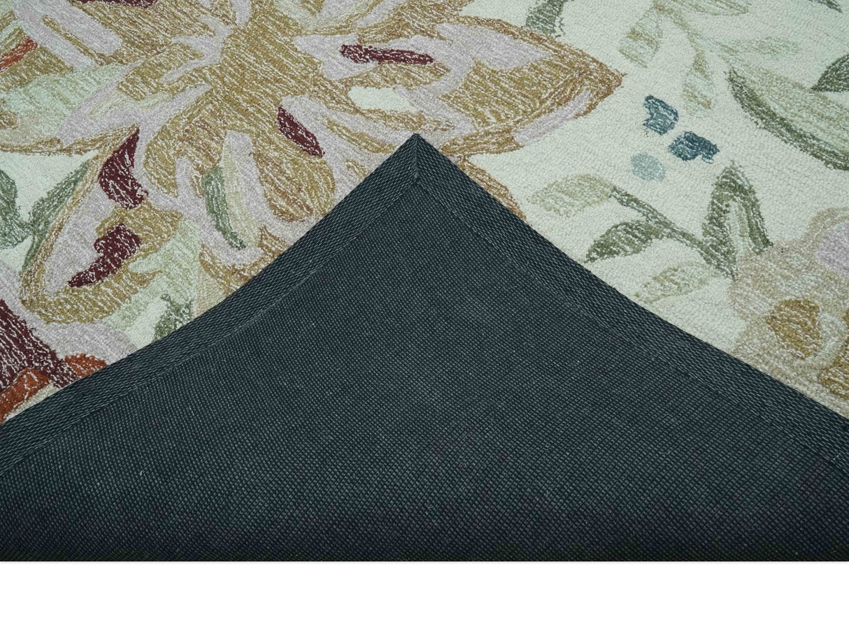 Colorful Ivory, Olive and Brown Floral Design Hand Tufted Custom Made wool Rug