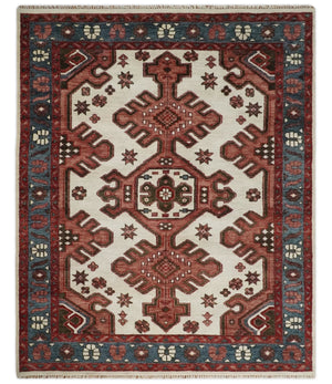 Coral Rust and Ivory Hand Knotted Traditional Heriz Serapi Multi Size Wool area Rug