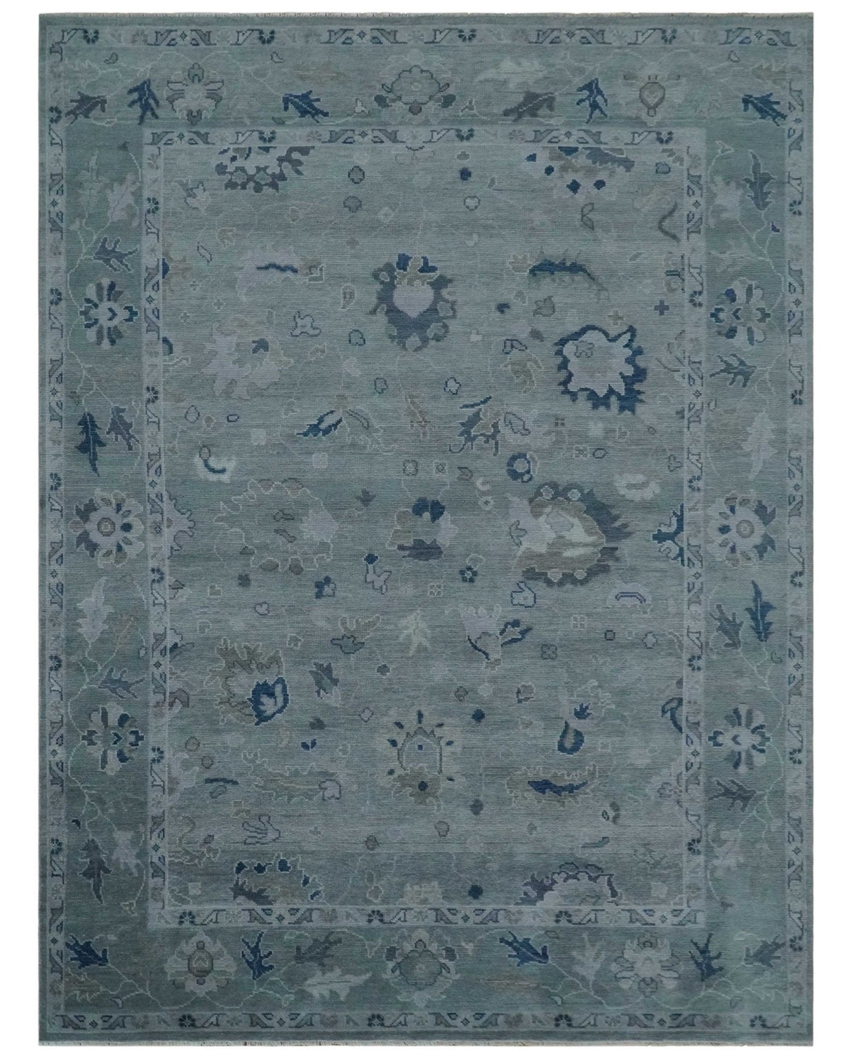 Custom made Antique style Blue and Silver Hand Knotted Oushak Wool Area Rug