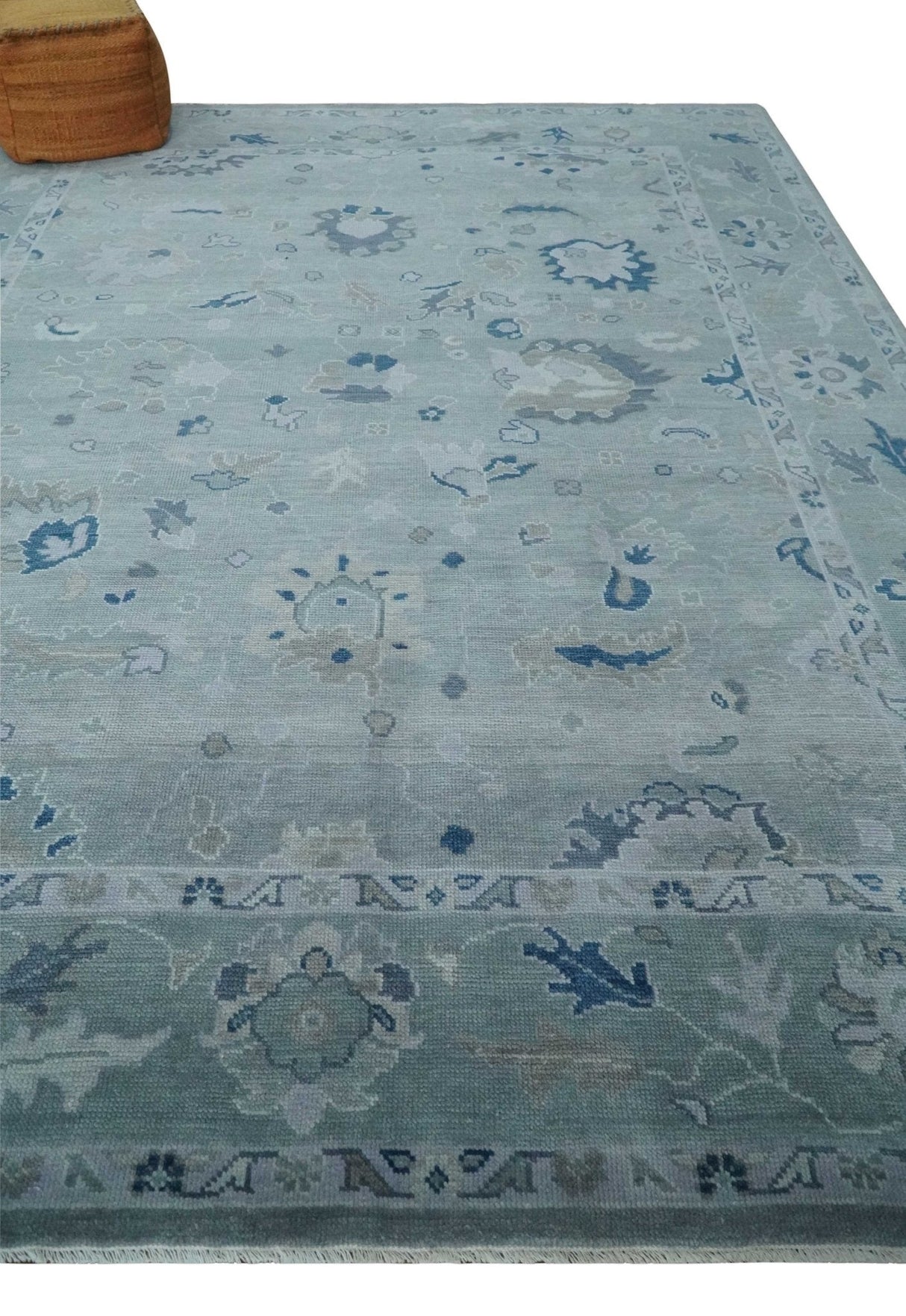 Custom made Antique style Blue and Silver Hand Knotted Oushak Wool Area Rug