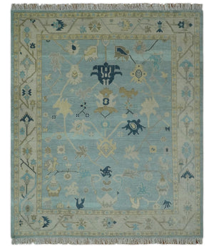 Custom Made Aqua, Ivory and Beige Hand knotted Oriental Oushak wool Area Rug