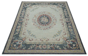 Custom Made Beige and Charcoal Aubusson French design Hand Tufted wool Area Rug