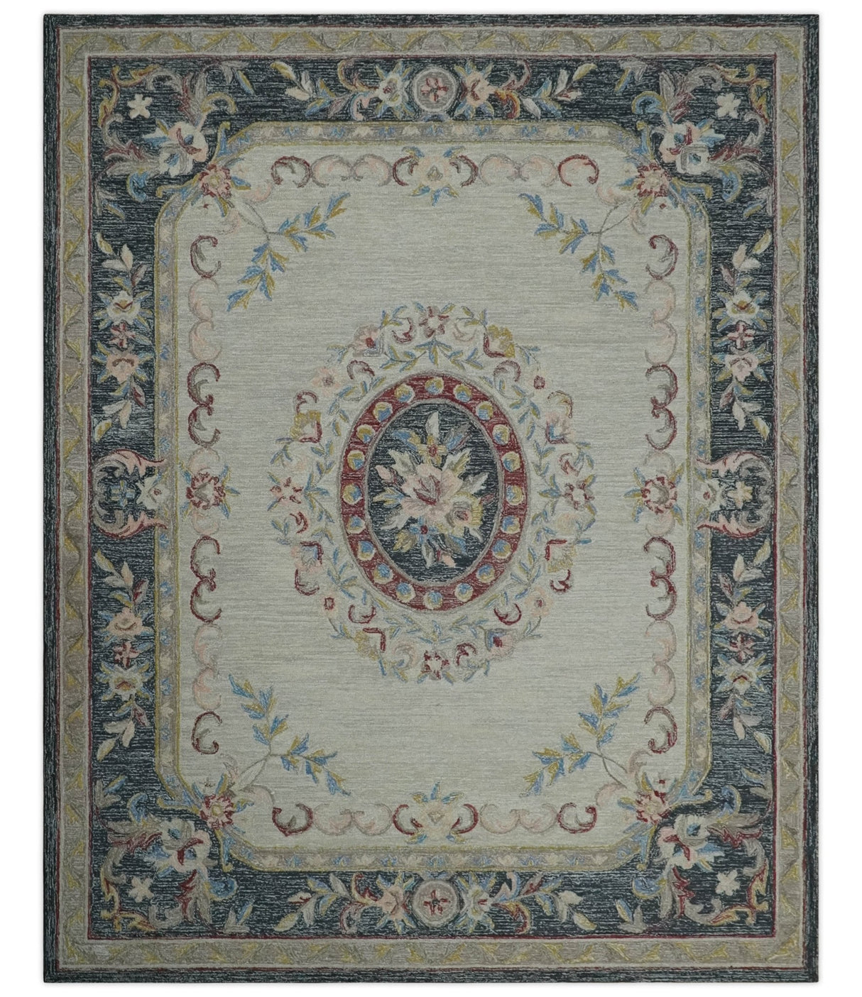 Custom Made Beige and Charcoal Aubusson French design Hand Tufted wool Area Rug