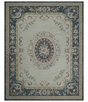 Custom Made Beige and Charcoal Aubusson French design Hand Tufted wool Area Rug