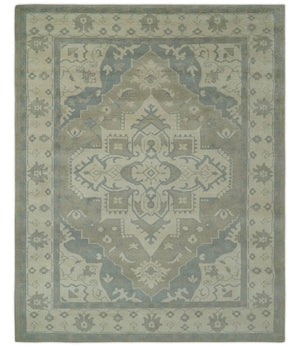Custom Made Beige and Charcoal Traditional Heriz Medallion Hand Knotted wool Area Rug