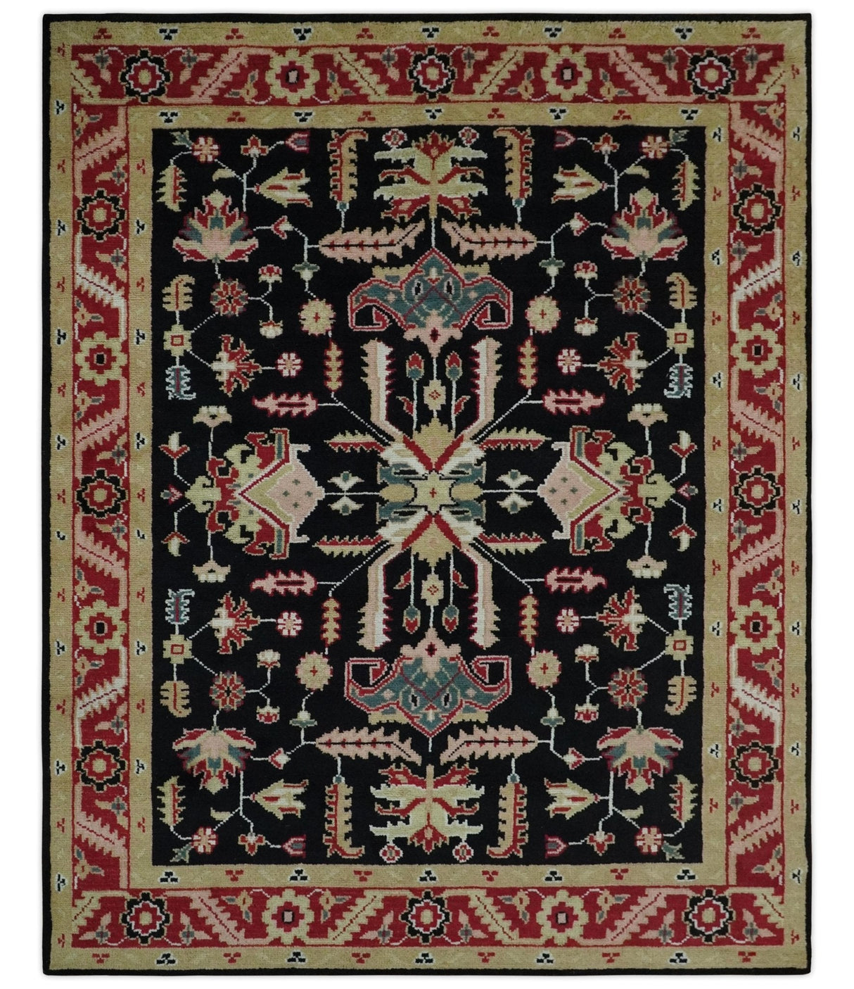 Custom Made Black, Rust, and Olive Traditional Oriental Hand Knotted Wool Area Rug