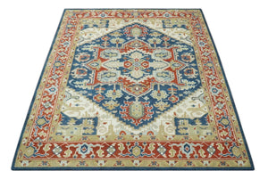Custom Made Brown, Blue, Ivory and Olive Hand knotted Traditional Heriz Medallion Wool Area Rug