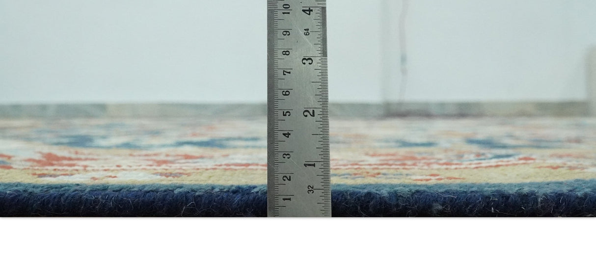 Custom Made Brown, Blue, Ivory and Olive Hand knotted Traditional Heriz Medallion Wool Area Rug