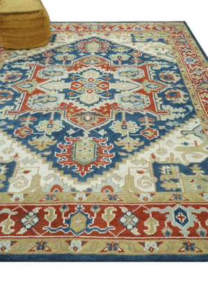 Custom Made Brown, Blue, Ivory and Olive Hand knotted Traditional Heriz Medallion Wool Area Rug