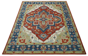 Custom Made Brown, Blue, Ivory and Olive Traditional Heriz Medallion Wool Area Rug