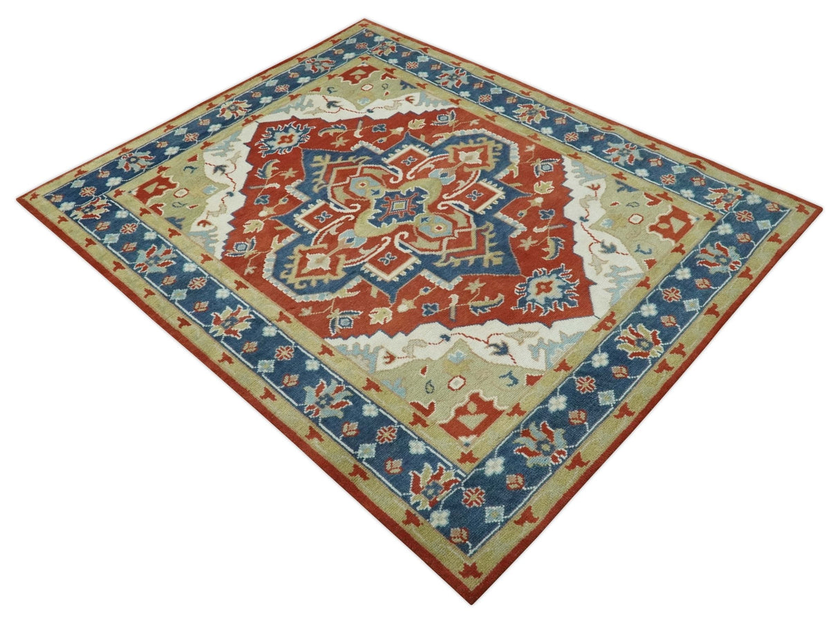 Custom Made Brown, Blue, Ivory and Olive Traditional Heriz Medallion Wool Area Rug