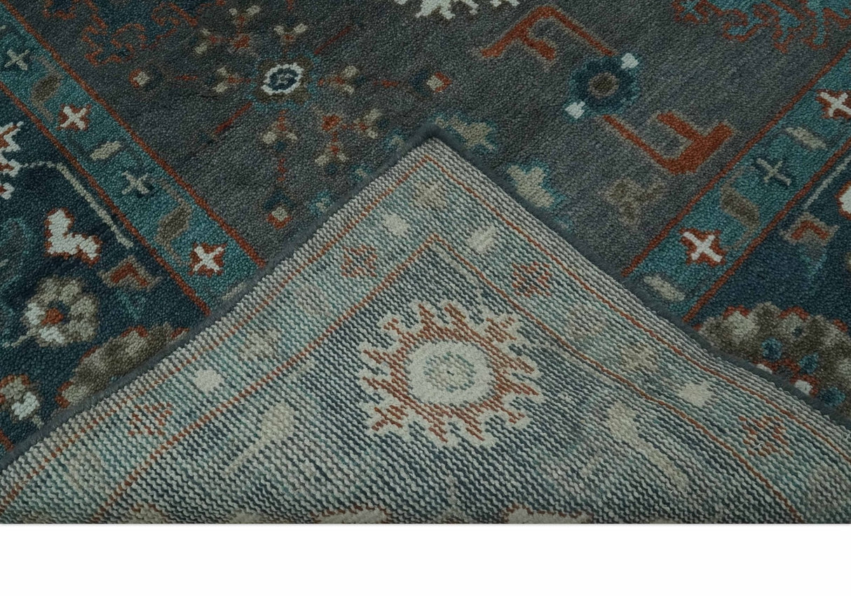 Custom Made Charcoal and Teal Hand knotted Traditional Oushak wool area rug