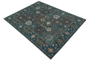 Custom Made Charcoal and Teal Hand knotted Traditional Oushak wool area rug