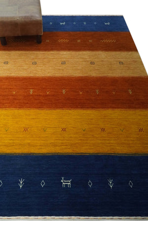 Custom Made Gabbeh Blue, Brown and Gold Stripes Design Wool Rug