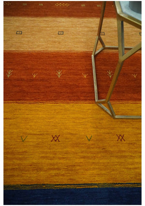 Custom Made Gabbeh Blue, Brown and Gold Stripes Design Wool Rug