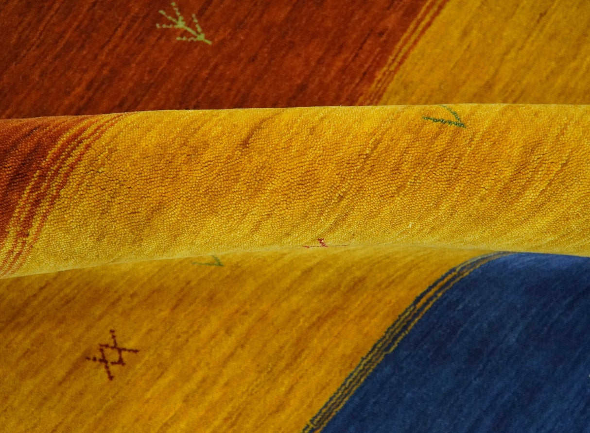 Custom Made Gabbeh Blue, Brown and Gold Stripes Design Wool Rug