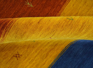 Custom Made Gabbeh Blue, Brown and Gold Stripes Design Wool Rug