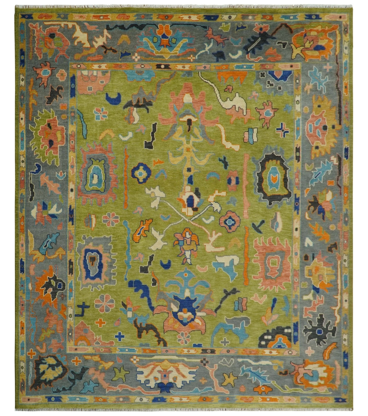 Custom Made Green, Gray and Peach Colorful Hand knotted Traditional Oushak wool Area Rug