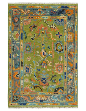 Custom Made Green, Gray and Peach Colorful Hand knotted Traditional Oushak wool Area Rug