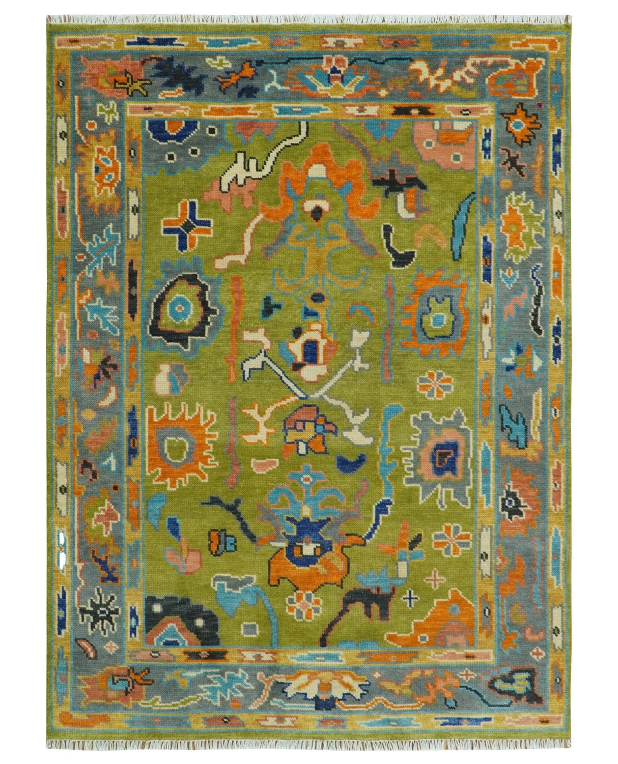 Custom Made Green, Gray and Peach Colorful Hand knotted Traditional Oushak wool Area Rug