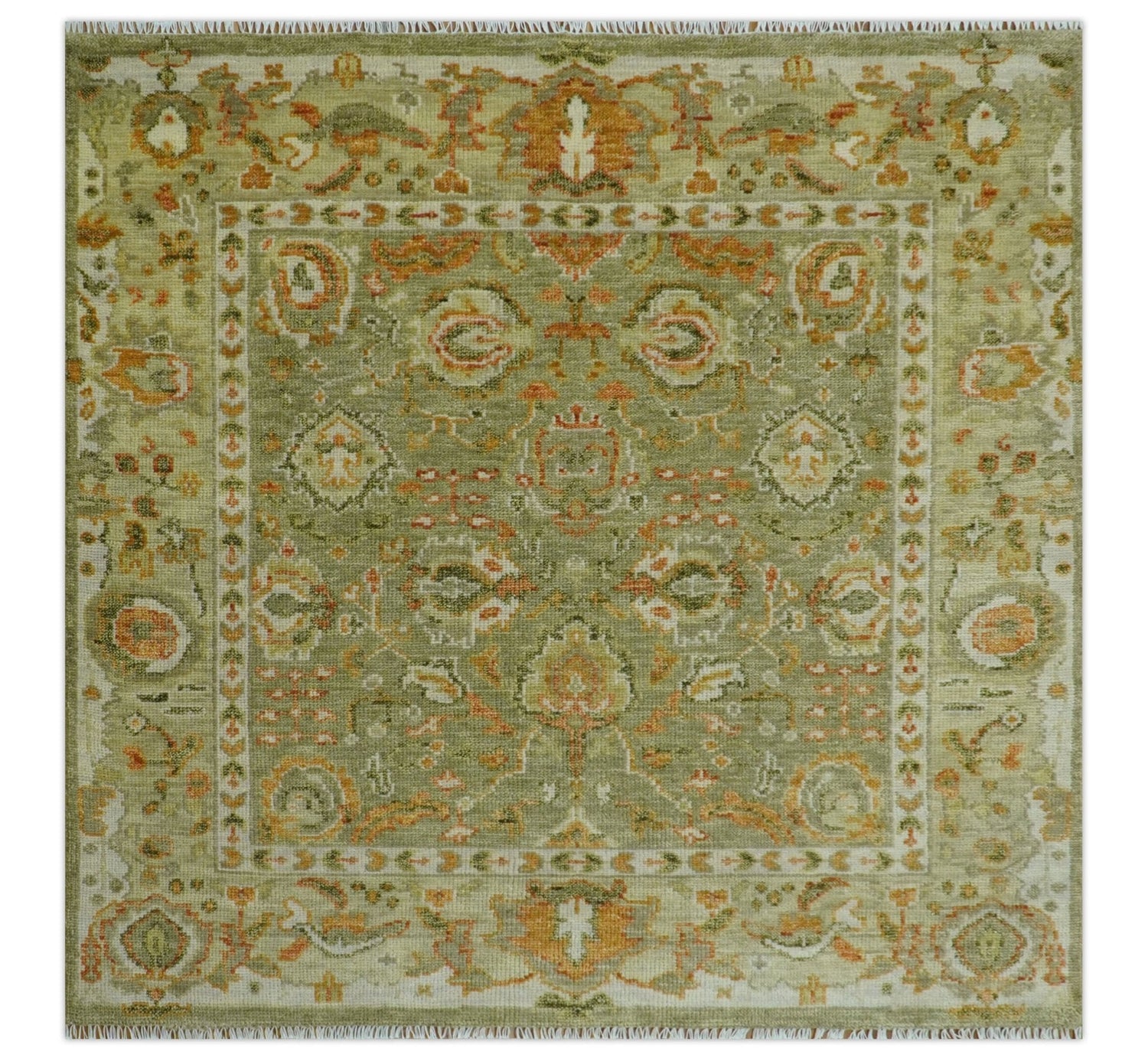 Custom Made Hand Knotted Olive and beige Traditional Vintage Style Antique Wool Rug
