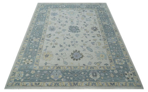 Custom Made Hand Knotted Silver, Blue and Beige Traditional Oushak Wool Area Rug