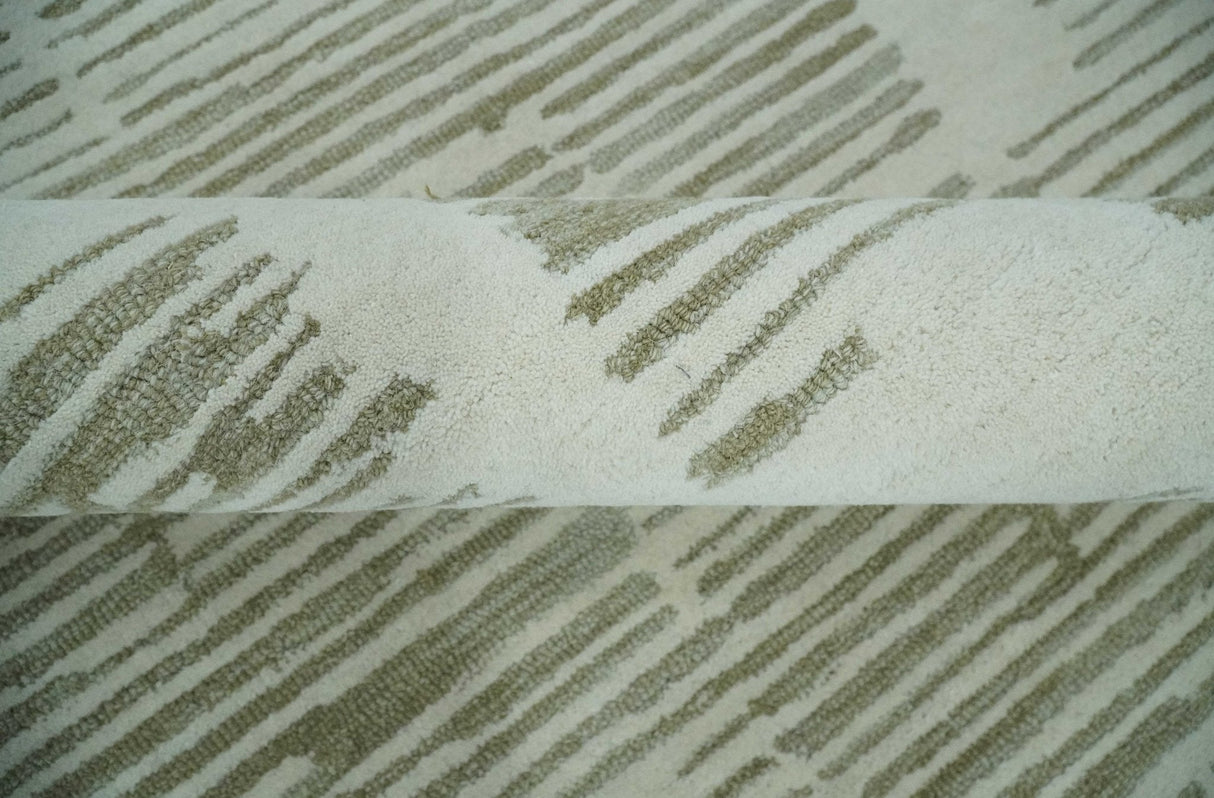 Custom Made Ivory and Olive Modern Stripes Design Hand Tufted wool Area Rug, Kids, Living Room and Bedroom Rug