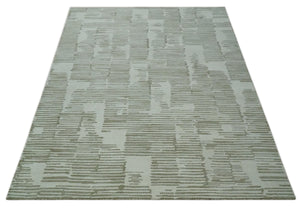 Custom Made Ivory and Olive Modern Stripes Design Hand Tufted wool Area Rug, Kids, Living Room and Bedroom Rug