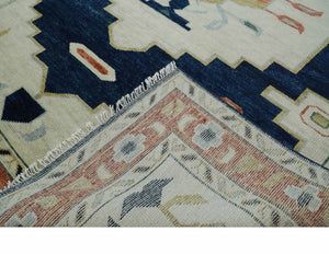 Custom Made Ivory, Blue, Beige and Rust Hand Knotted Traditional Heriz Wool Area Rug