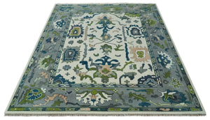 Custom Made Ivory, Gray and Green Hand knotted Traditional Oushak Wool Area Rug
