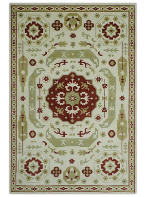 Custom Made Ivory, Olive and Maroon Traditional Medallion Mamluk Design wool Rug