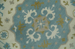 Custom Made Ivory, Olive and Teal Hand Knotted Traditional Medallion Mamluk Design wool Rug