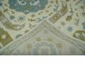 Custom Made Ivory, Olive and Teal Hand Knotted Traditional Medallion Mamluk Design wool Rug