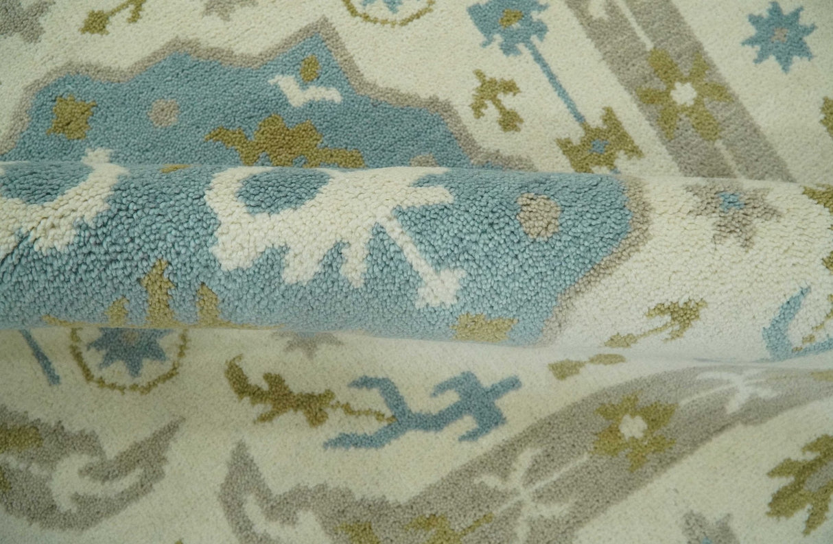 Custom Made Ivory, Olive and Teal Hand Knotted Traditional Medallion Mamluk Design wool Rug